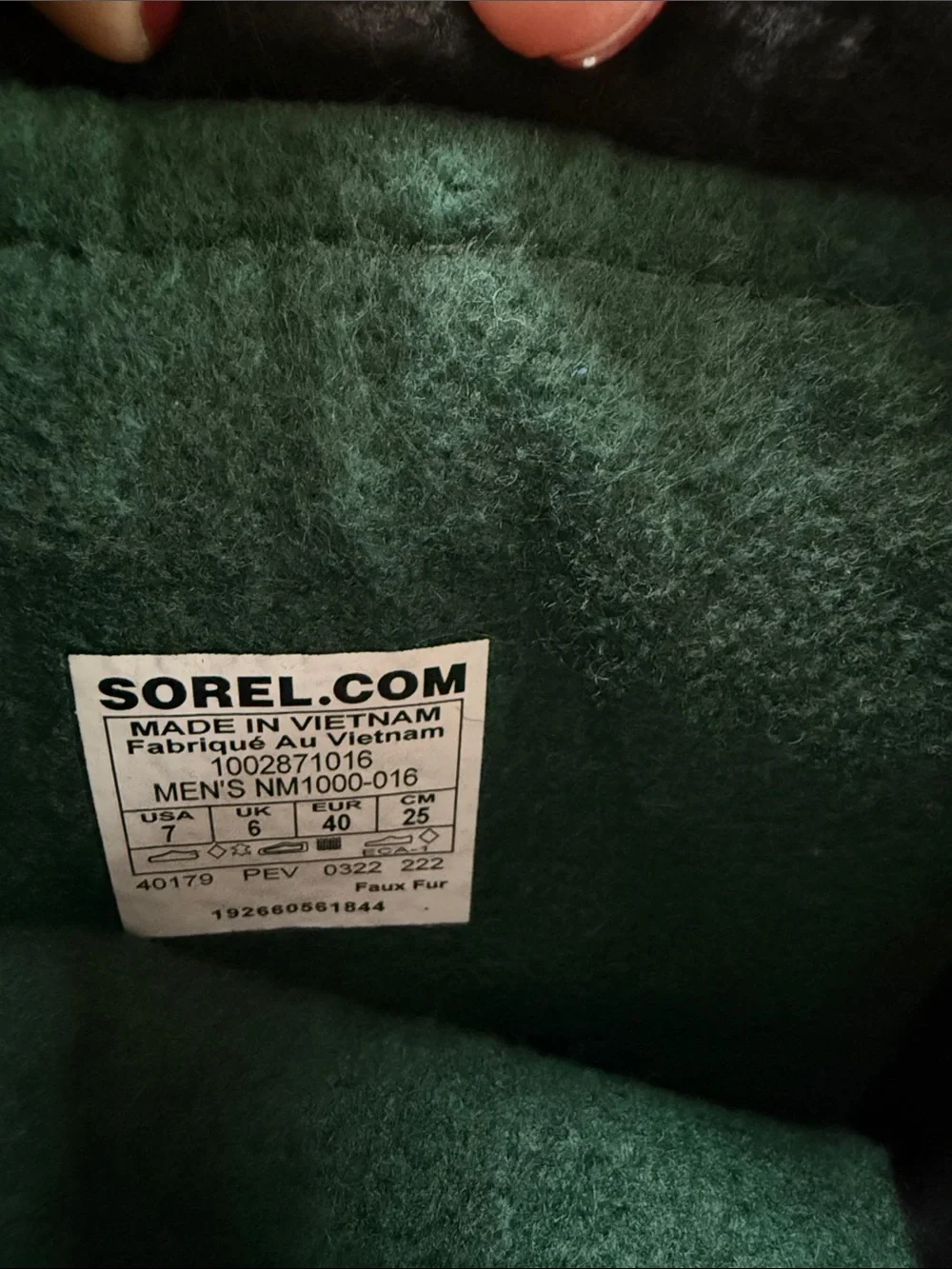 Sorel Men's Dark Green Faux Fur Boot Interior